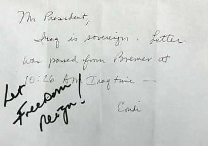 Note from Condi Rice to President Bush